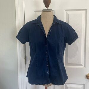 Eddie Bauer button-down short sleeve shirt cotton stretch blue women’s size M